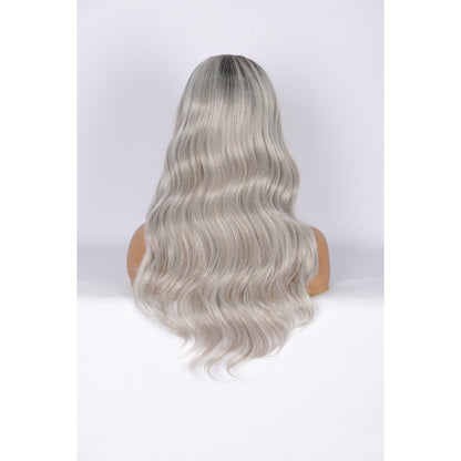 24 Inch Long Curly Wig Side Part  Loose Wave Wig Synthetic Lace Front Wig for Women Ombre Platinum Grey