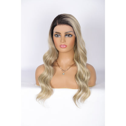 24 Inch Long Curly Wig Side Part  Loose Wave Wig Synthetic Lace Front Wig for Women Ombre Platinum Blonde