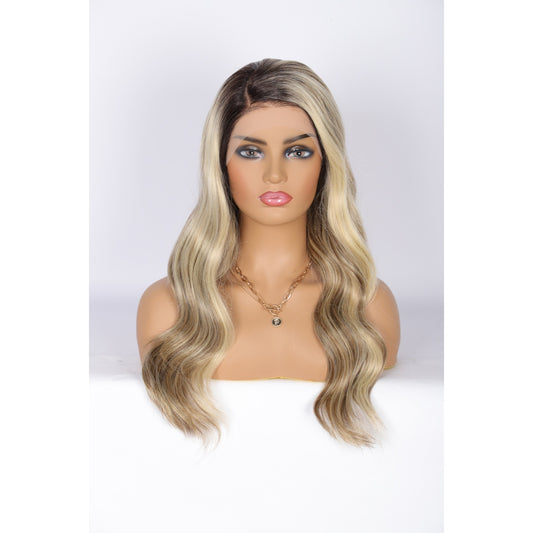 24 Inch Long Curly Wig Side Part  Loose Wave Wig Synthetic Lace Front Wig for Women Ombre Balayage Ash Blonde