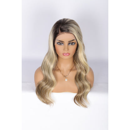24 Inch Long Curly Wig Side Part  Loose Wave Wig Synthetic Lace Front Wig for Women Ombre Balayage Ash Blonde