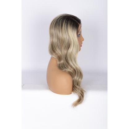 24 Inch Long Curly Wig Side Part  Loose Wave Wig Synthetic Lace Front Wig for Women Ombre Balayage Ash Blonde