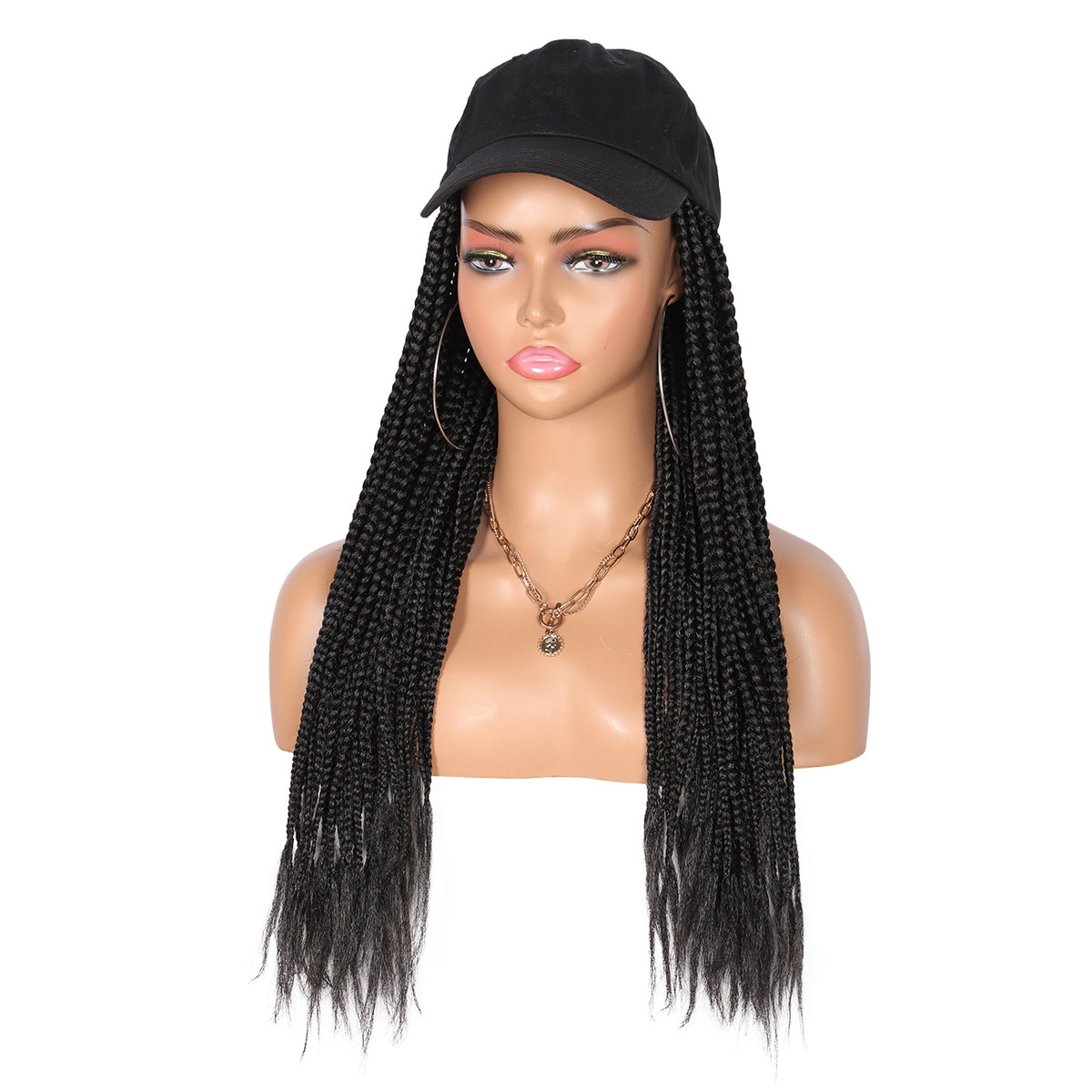 23 Inch Box Braid Wig with Baseball Cap Synthetic Braided Wigs for Women Easy Wear Daily Hairstyle，Black Color