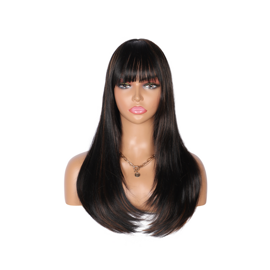24 Inch Long Straight Synthetic Wig with Bangs Silky Full Hair Wigs for Women,Mix Black Brown