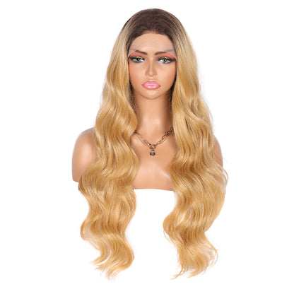 4x4" Free Parting Synthetic Lace Front Wigs with Baby Hairs Natural High Temperature Ombre blonde Color 130% Density Curly Wavy Frontal Lace Hair Wigs for Women,28 Inches