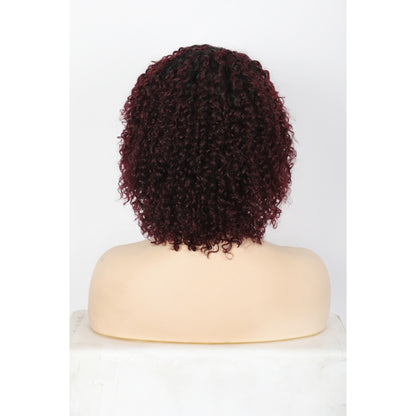 11" Short Afro Kinky Curly Wig with Bangs Human Hair Curly Afro Wig Burgundy Red  Wig for Women
