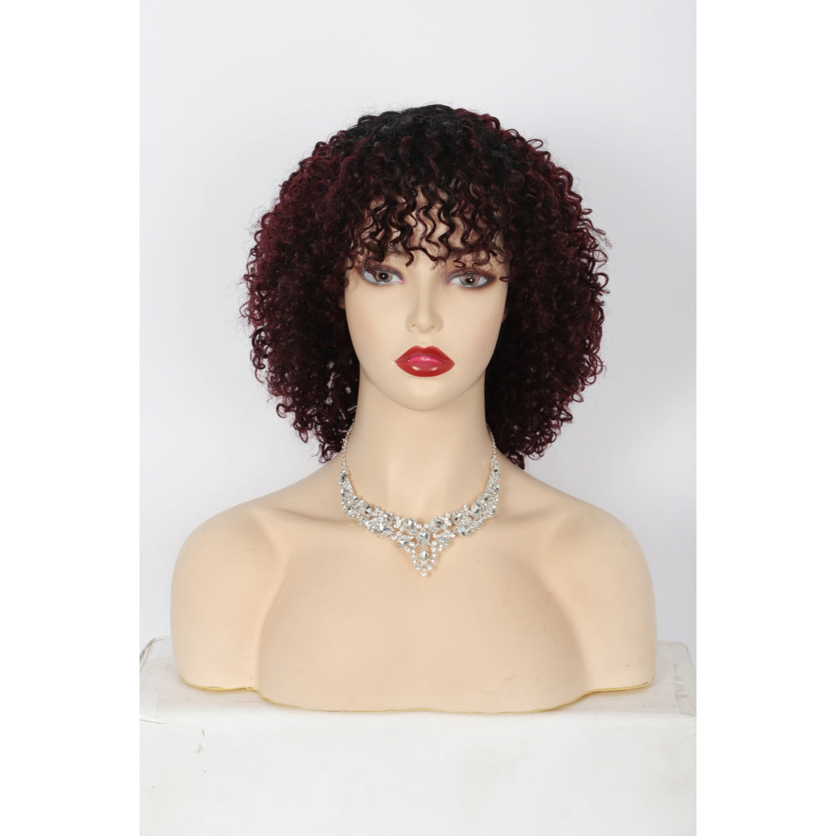 11" Short Afro Kinky Curly Wig with Bangs Human Hair Curly Afro Wig Burgundy Red  Wig for Women