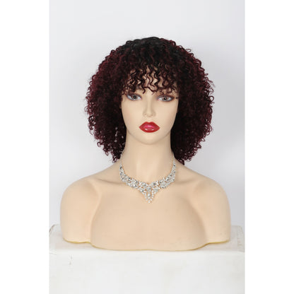 11" Short Afro Kinky Curly Wig with Bangs Human Hair Curly Afro Wig Burgundy Red  Wig for Women