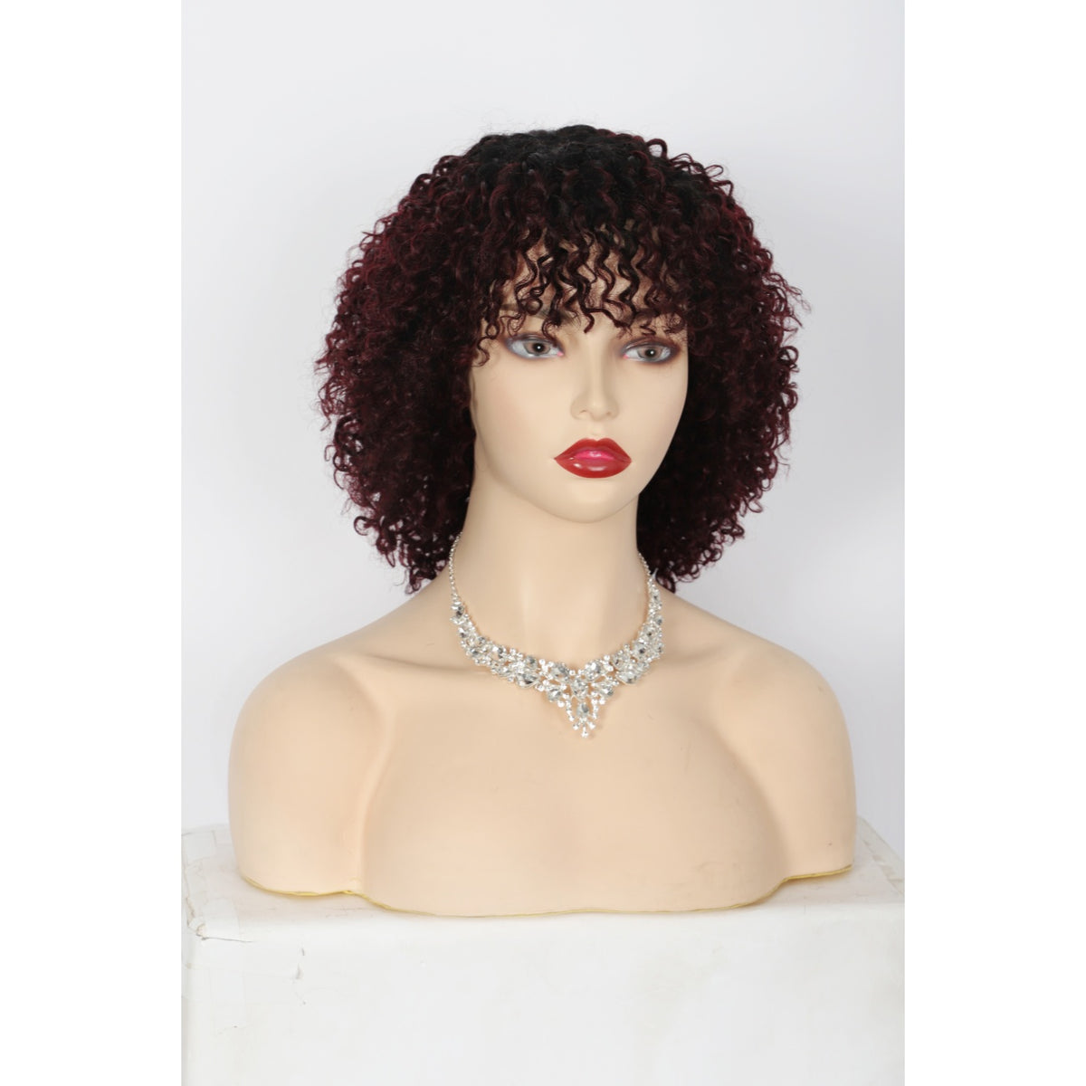 11" Short Afro Kinky Curly Wig with Bangs Human Hair Curly Afro Wig Burgundy Red  Wig for Women