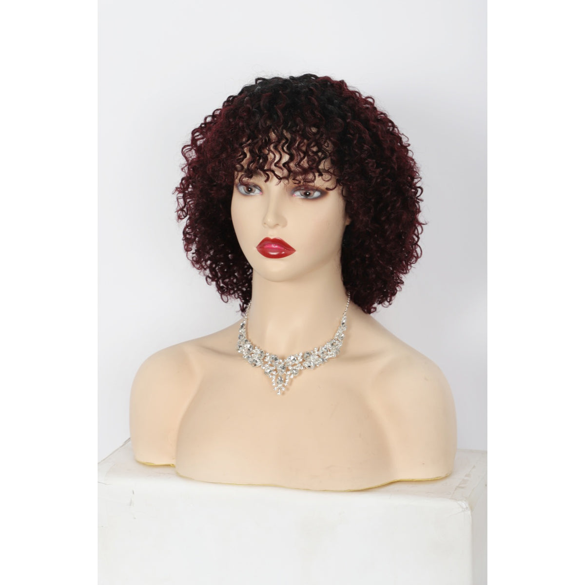 11" Short Afro Kinky Curly Wig with Bangs Human Hair Curly Afro Wig Burgundy Red  Wig for Women