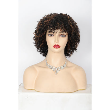 11" Short Afro Kinky Curly Wig with Bangs Human Hair Curly Afro Wig Mix Black Brown Afro Wig for Women