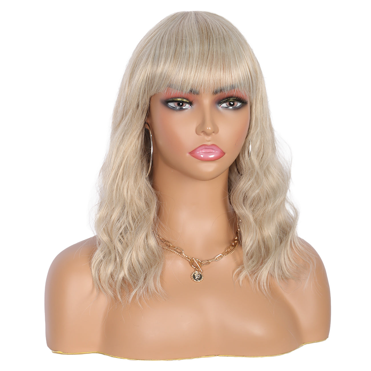 Short Synthetic Light ash blonde Wig with Hair Bangs Short Wavy Curly Wig for Women -Natural Looking and Heat Resistant Full Head Hair Replacement Wig for Daily Wear or Costume Wig