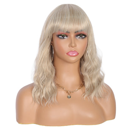 Short Synthetic Light ash blonde Wig with Hair Bangs Short Wavy Curly Wig for Women -Natural Looking and Heat Resistant Full Head Hair Replacement Wig for Daily Wear or Costume Wig
