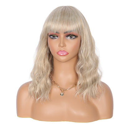 Short Synthetic Light ash blonde Wig with Hair Bangs Short Wavy Curly Wig for Women -Natural Looking and Heat Resistant Full Head Hair Replacement Wig for Daily Wear or Costume Wig