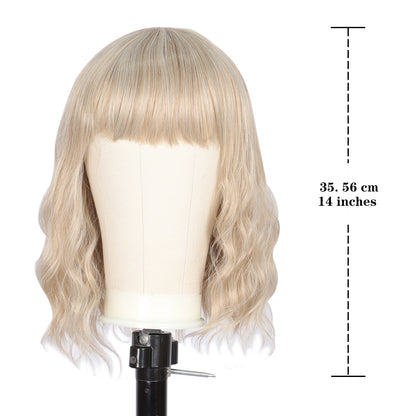 Short Synthetic Light ash blonde Wig with Hair Bangs Short Wavy Curly Wig for Women -Natural Looking and Heat Resistant Full Head Hair Replacement Wig for Daily Wear or Costume Wig