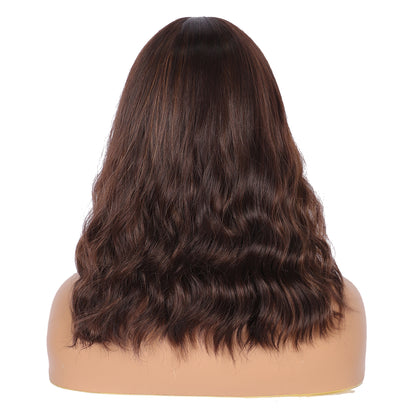 Short Synthetic Brown Highlights Wig with Hair Bangs Short Wavy Curly Wig for Women -Natural Looking and Heat Resistant Full Head Hair Replacement Wig for Daily Wear or Costume Wig