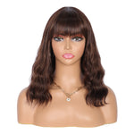Short Synthetic Brown Highlights Wig with Hair Bangs Short Wavy Curly Wig for Women -Natural Looking and Heat Resistant Full Head Hair Replacement Wig for Daily Wear or Costume Wig