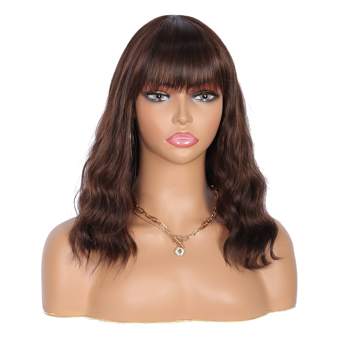 Short Synthetic Brown Highlights Wig with Hair Bangs Short Wavy Curly Wig for Women -Natural Looking and Heat Resistant Full Head Hair Replacement Wig for Daily Wear or Costume Wig