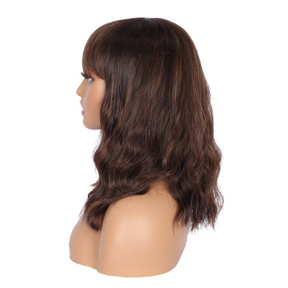 Short Synthetic Brown Highlights Wig with Hair Bangs Short Wavy Curly Wig for Women -Natural Looking and Heat Resistant Full Head Hair Replacement Wig for Daily Wear or Costume Wig