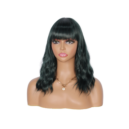 Short Synthetic Dark Teal Green Wig with Hair Bangs Short Wavy Curly Wig for Women -Natural Looking and Heat Resistant Full Head Hair Replacement Wig for Daily Wear or Costume Wig