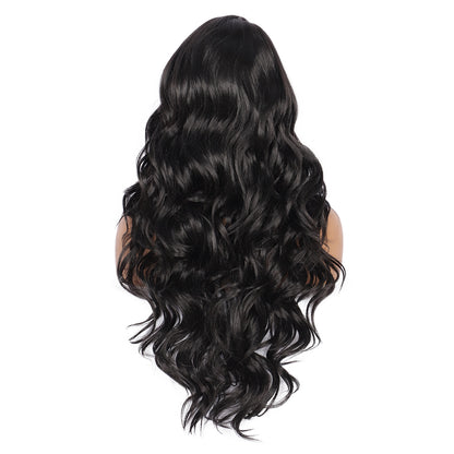 28 inches Black  Yaki Synthetic Hair Wigs for Women Long Body Wavy Curly Wigs L Parting Natural Looking Heat Resistant Replacement Wigs