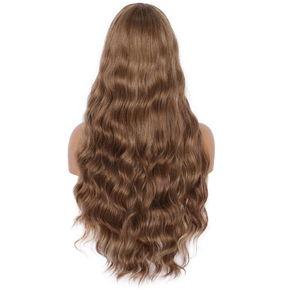 26 Inches Curly Wavy Synthetic Champagne Brown Wigs with Hair Bangs Heat Resistant Synthetic Wigs for Women Natural Looking Women's Costume Cosplay or Daily Wear Hairpiece