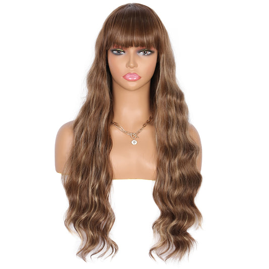26 Inches Curly Wavy Synthetic Champagne Brown Wigs with Hair Bangs Heat Resistant Synthetic Wigs for Women Natural Looking Women's Costume Cosplay or Daily Wear Hairpiece