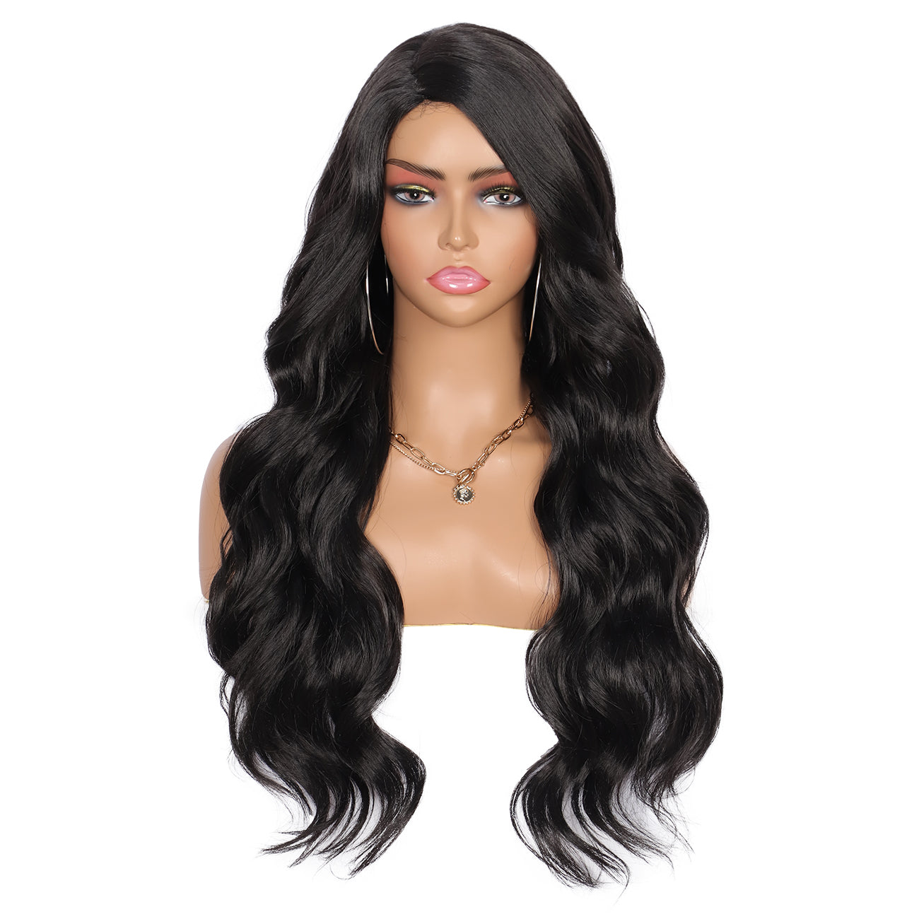 28 inches Black  Yaki Synthetic Hair Wigs for Women Long Body Wavy Curly Wigs L Parting Natural Looking Heat Resistant Replacement Wigs