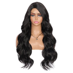 28 inches Black  Yaki Synthetic Hair Wigs for Women Long Body Wavy Curly Wigs L Parting Natural Looking Heat Resistant Replacement Wigs