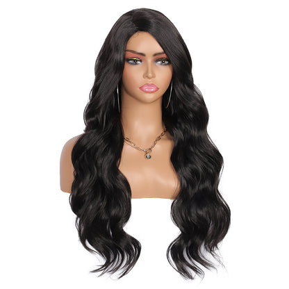 28 inches Black  Yaki Synthetic Hair Wigs for Women Long Body Wavy Curly Wigs L Parting Natural Looking Heat Resistant Replacement Wigs