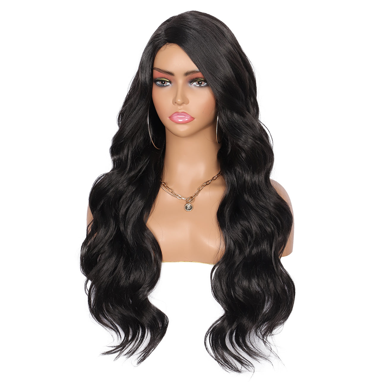 28 inches Black  Yaki Synthetic Hair Wigs for Women Long Body Wavy Curly Wigs L Parting Natural Looking Heat Resistant Replacement Wigs