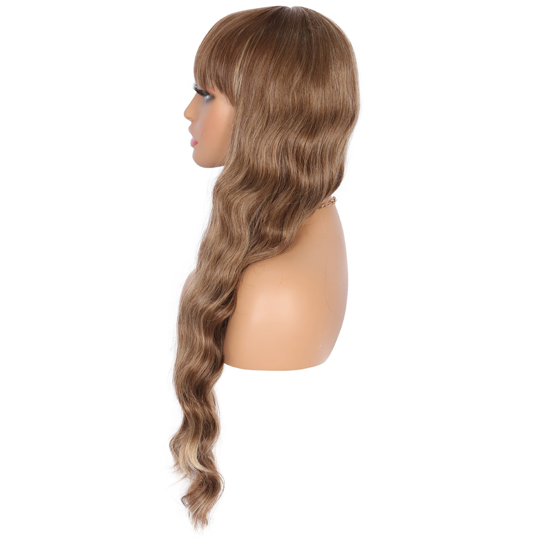 26 Inches Curly Wavy Synthetic Champagne Brown Wigs with Hair Bangs Heat Resistant Synthetic Wigs for Women Natural Looking Women's Costume Cosplay or Daily Wear Hairpiece