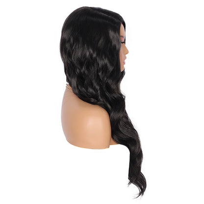 28 inches Black  Yaki Synthetic Hair Wigs for Women Long Body Wavy Curly Wigs L Parting Natural Looking Heat Resistant Replacement Wigs