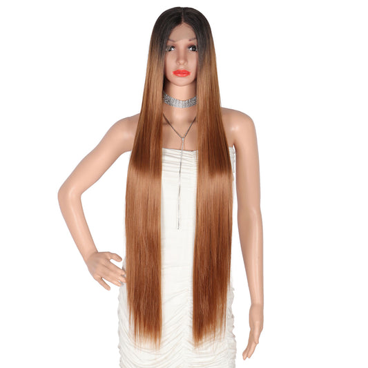 38" Super Long Straight Wigs Lace Front Wigs Middle Part Wig Ombre Mix Brown Synthetic Wig for Women