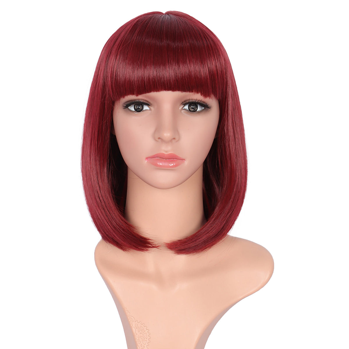 Dark Red Straight Bob Wig with Bangs Yaki Short Wig Glueless Natural Look Easy Wear 12"
