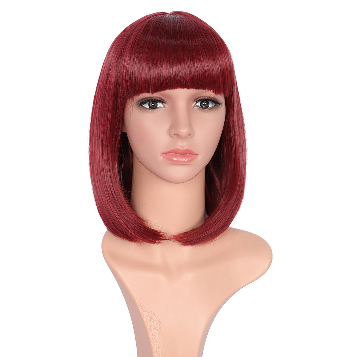 Dark Red Straight Bob Wig with Bangs Yaki Short Wig Glueless Natural Look Easy Wear 12"