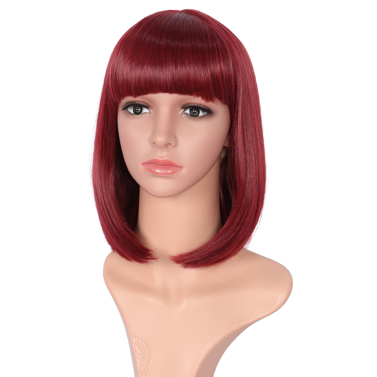 Dark Red Straight Bob Wig with Bangs Yaki Short Wig Glueless Natural Look Easy Wear 12"