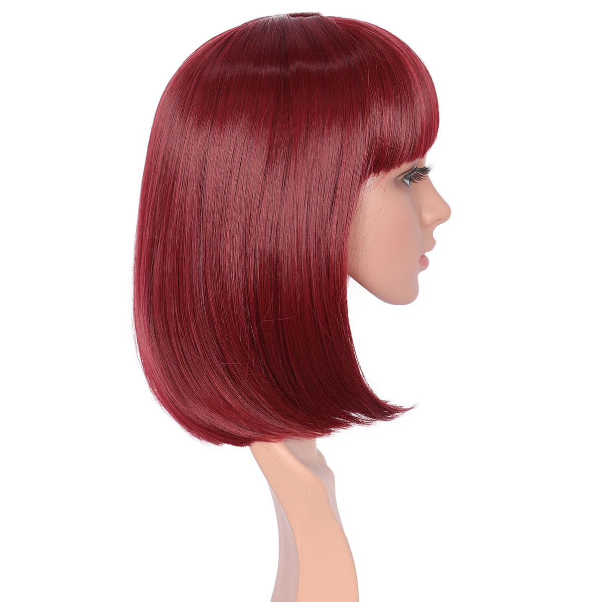 Dark Red Straight Bob Wig with Bangs Yaki Short Wig Glueless Natural Look Easy Wear 12"