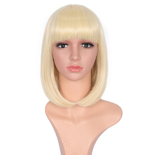 Light Blonde Short Straight Bob Wig with Bangs Yaki Short Wig Glueless Natural Look Easy Wear 12"