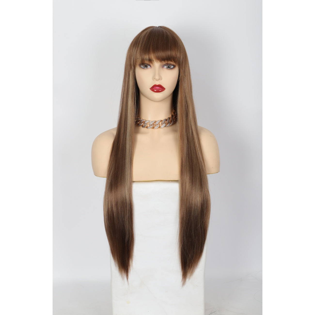 28 inches Champagne Brown Wigs Women's Silky Long Straight Wig Heat Resistant Synthetic Wig With Bangs Hair Wig for Women