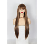 28 inches Champagne Brown Wigs Women's Silky Long Straight Wig Heat Resistant Synthetic Wig With Bangs Hair Wig for Women