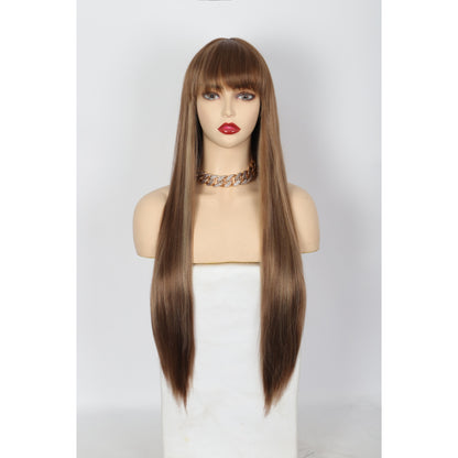 28 inches Champagne Brown Wigs Women's Silky Long Straight Wig Heat Resistant Synthetic Wig With Bangs Hair Wig for Women