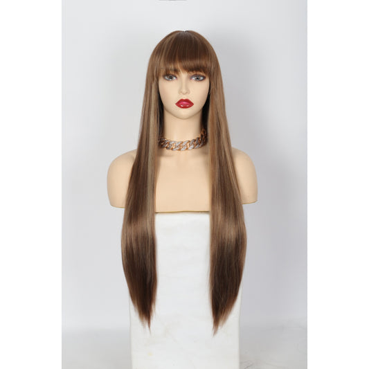 28 inches Champagne Brown Wigs Women's Silky Long Straight Wig Heat Resistant Synthetic Wig With Bangs Hair Wig for Women