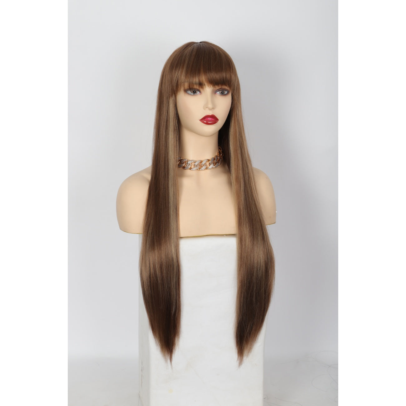 28 inches Champagne Brown Wigs Women's Silky Long Straight Wig Heat Resistant Synthetic Wig With Bangs Hair Wig for Women