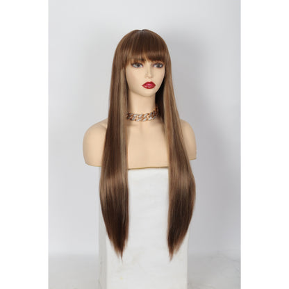 28 inches Champagne Brown Wigs Women's Silky Long Straight Wig Heat Resistant Synthetic Wig With Bangs Hair Wig for Women