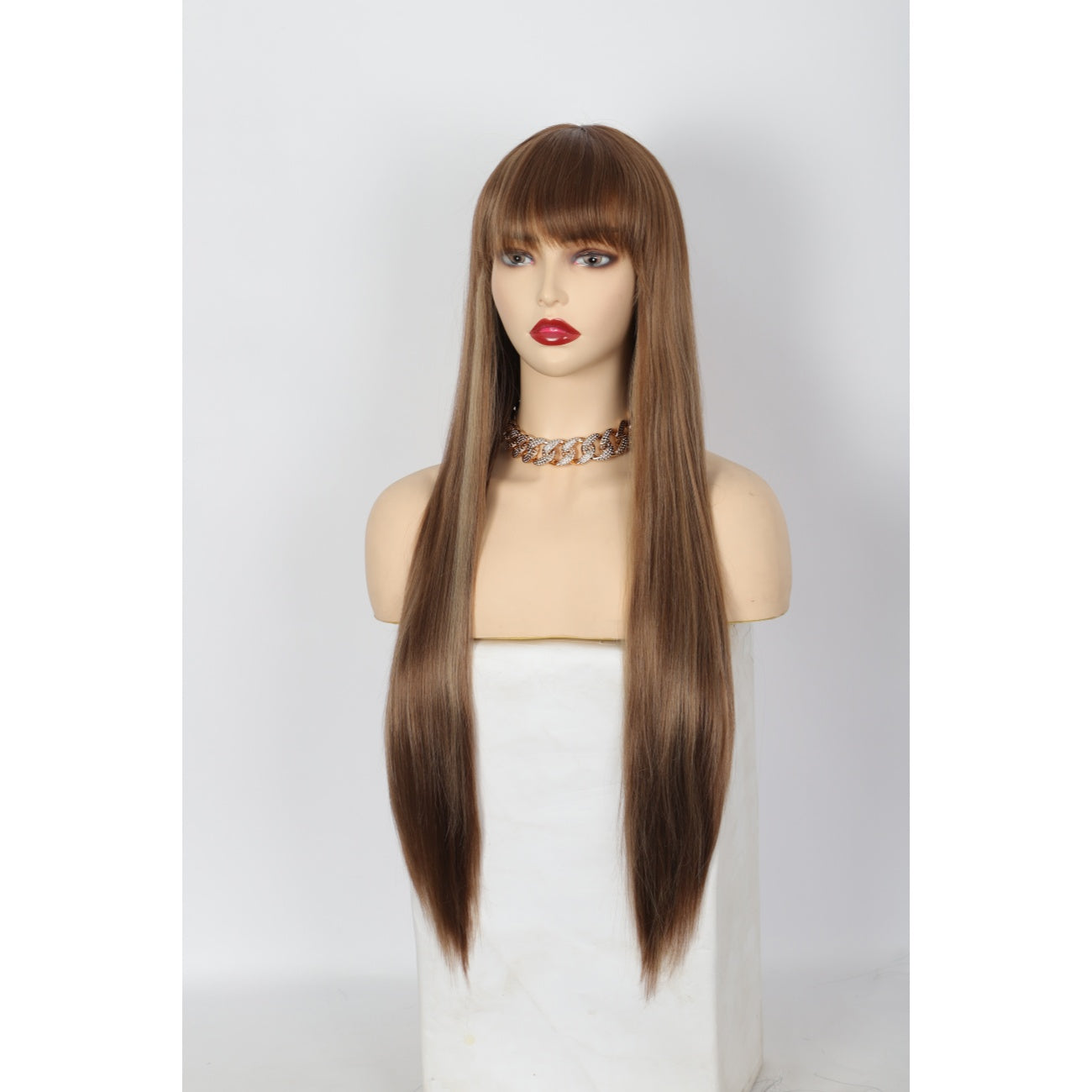 28 inches Champagne Brown Wigs Women's Silky Long Straight Wig Heat Resistant Synthetic Wig With Bangs Hair Wig for Women