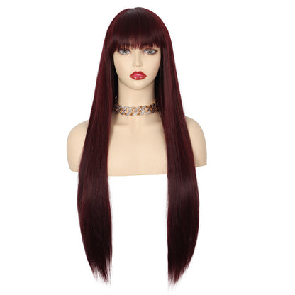 28 inches Burgundy Red Wigs Women's Silky Long Straight Wig Heat Resistant Synthetic Wig With Bangs Hair Wig for Women