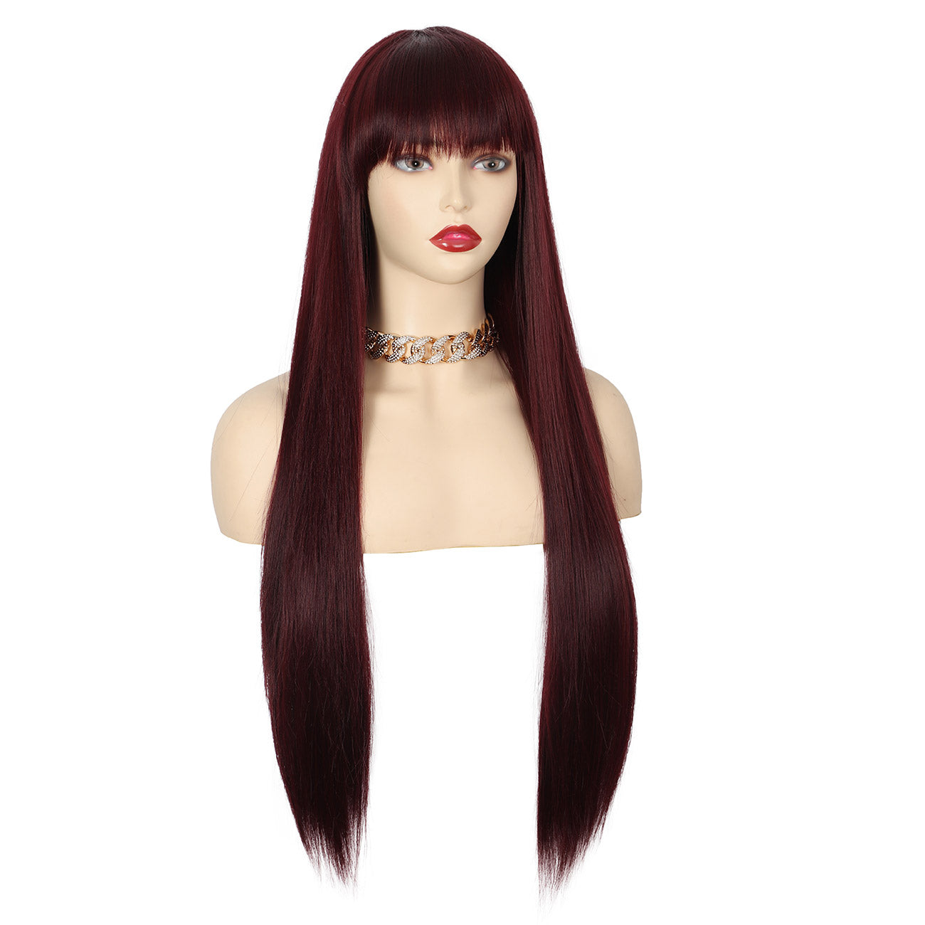 28 inches Burgundy Red Wigs Women's Silky Long Straight Wig Heat Resistant Synthetic Wig With Bangs Hair Wig for Women