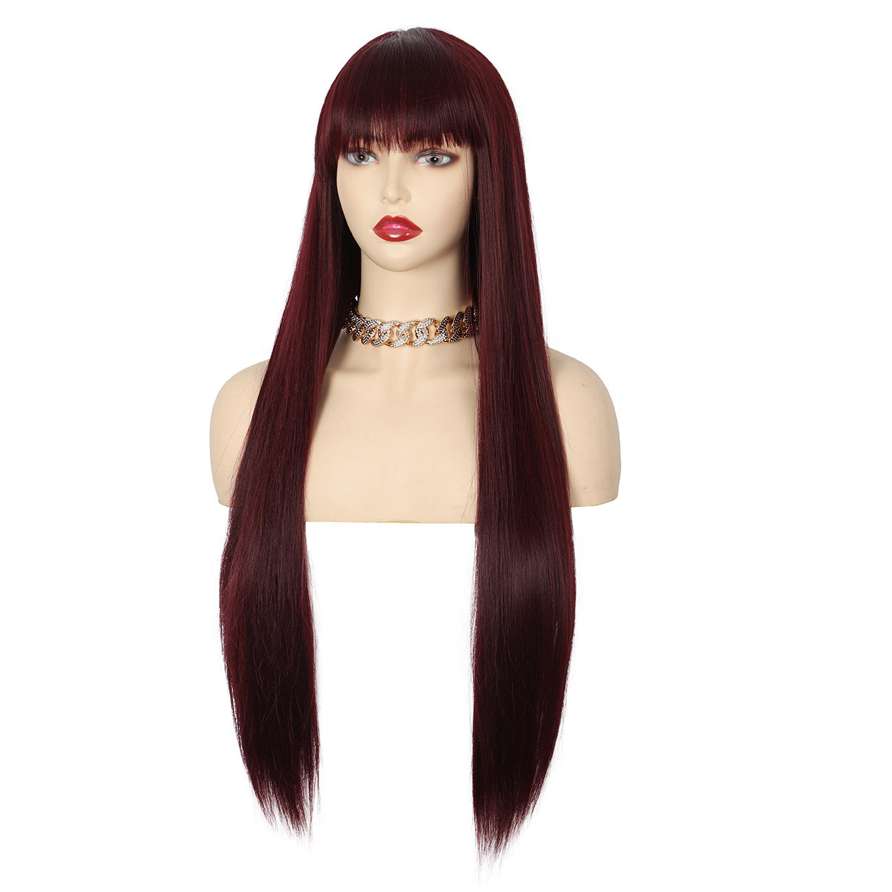 28 inches Burgundy Red Wigs Women's Silky Long Straight Wig Heat Resistant Synthetic Wig With Bangs Hair Wig for Women