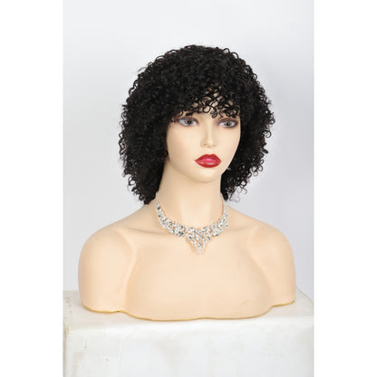 11" Short Afro Kinky Curly Wig with Bangs Human Hair Curly Afro Wig Natural Black Afro Wig for Women