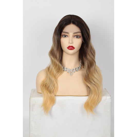24 Inches Body Wave Lace Front Wig Natural Looking Lace Wig for Women Synthetic Curly Brown to blonde ombre Wig